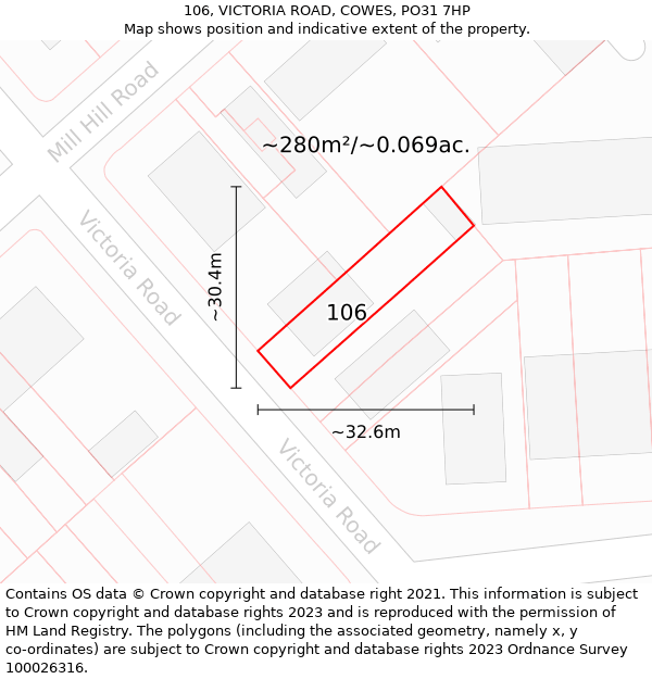 106, VICTORIA ROAD, COWES, PO31 7HP: Plot and title map