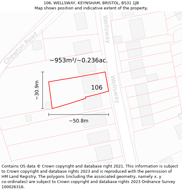 106, WELLSWAY, KEYNSHAM, BRISTOL, BS31 1JB: Plot and title map