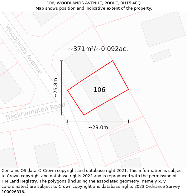 106, WOODLANDS AVENUE, POOLE, BH15 4EQ: Plot and title map