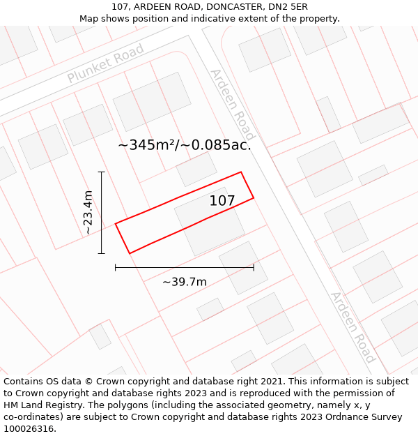 107, ARDEEN ROAD, DONCASTER, DN2 5ER: Plot and title map