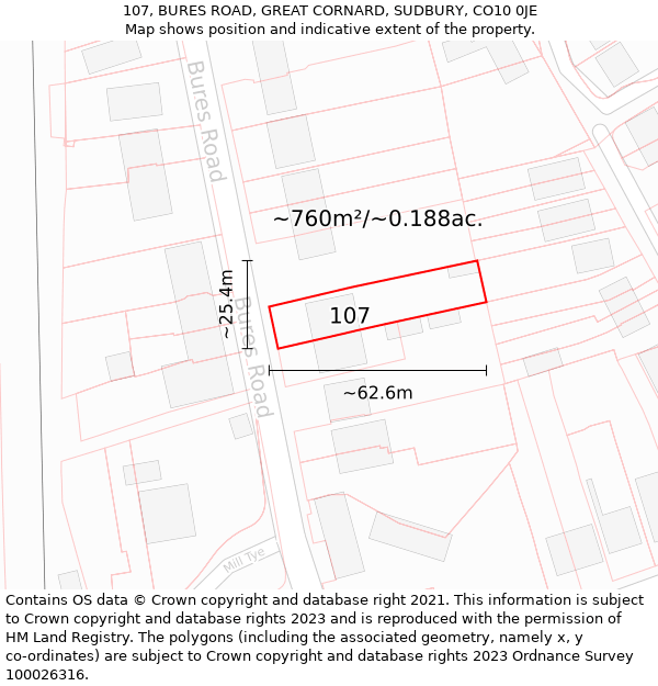 107, BURES ROAD, GREAT CORNARD, SUDBURY, CO10 0JE: Plot and title map