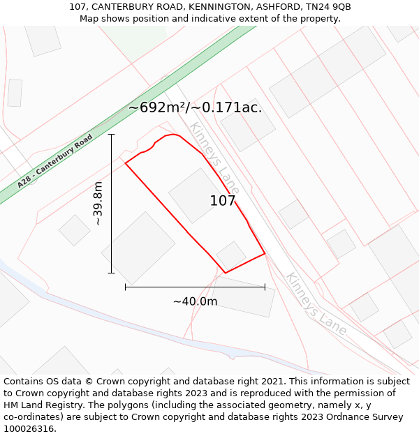 107, CANTERBURY ROAD, KENNINGTON, ASHFORD, TN24 9QB: Plot and title map