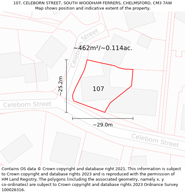 107, CELEBORN STREET, SOUTH WOODHAM FERRERS, CHELMSFORD, CM3 7AW: Plot and title map