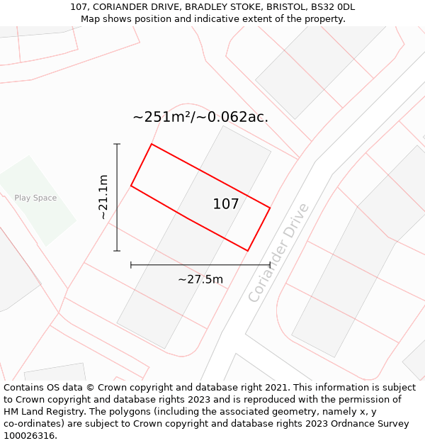 107, CORIANDER DRIVE, BRADLEY STOKE, BRISTOL, BS32 0DL: Plot and title map