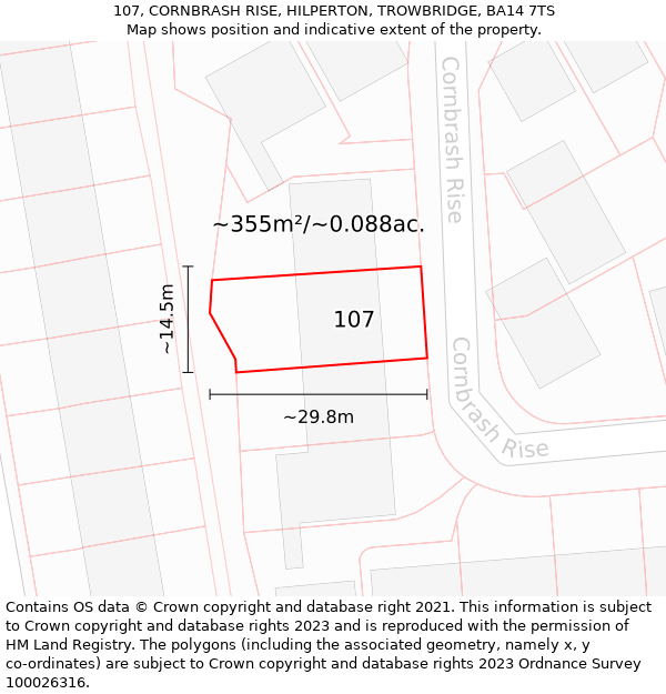 107, CORNBRASH RISE, HILPERTON, TROWBRIDGE, BA14 7TS: Plot and title map