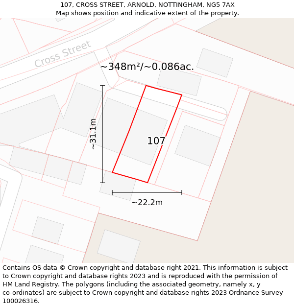 107, CROSS STREET, ARNOLD, NOTTINGHAM, NG5 7AX: Plot and title map