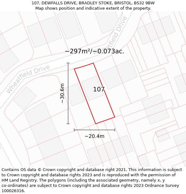 107, DEWFALLS DRIVE, BRADLEY STOKE, BRISTOL, BS32 9BW: Plot and title map