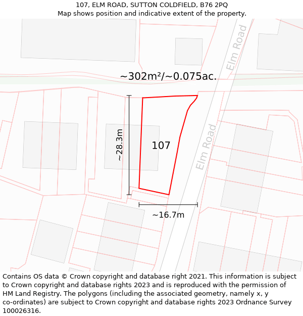 107, ELM ROAD, SUTTON COLDFIELD, B76 2PQ: Plot and title map