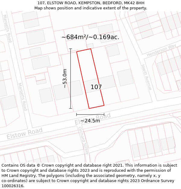 107, ELSTOW ROAD, KEMPSTON, BEDFORD, MK42 8HH: Plot and title map