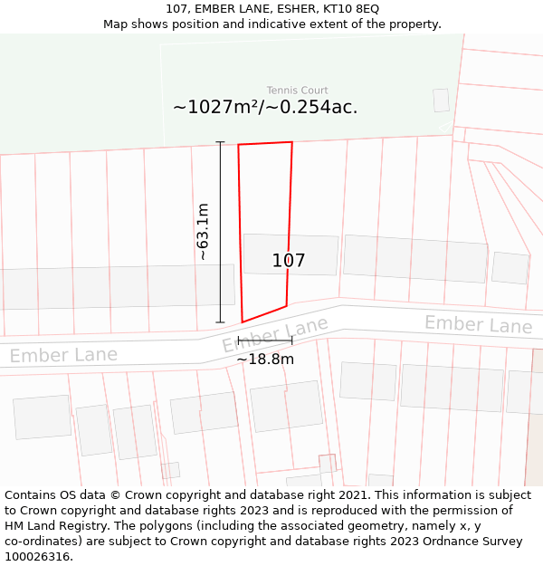 107, EMBER LANE, ESHER, KT10 8EQ: Plot and title map