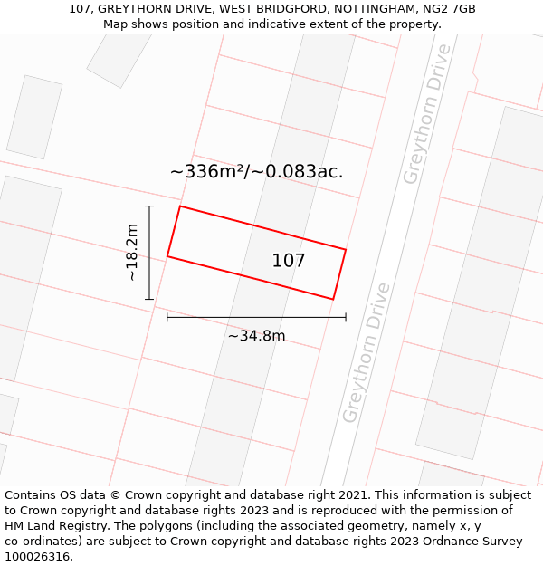 107, GREYTHORN DRIVE, WEST BRIDGFORD, NOTTINGHAM, NG2 7GB: Plot and title map