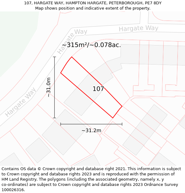 107, HARGATE WAY, HAMPTON HARGATE, PETERBOROUGH, PE7 8DY: Plot and title map