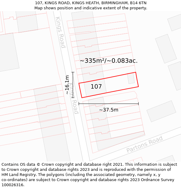 107, KINGS ROAD, KINGS HEATH, BIRMINGHAM, B14 6TN: Plot and title map