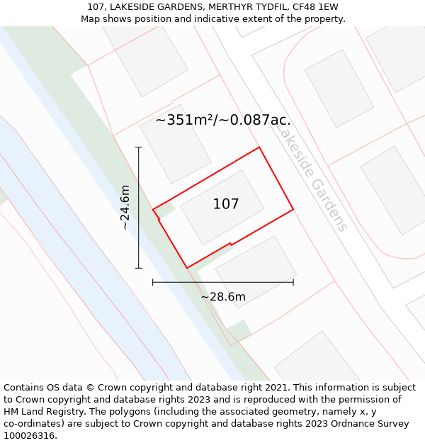 107, LAKESIDE GARDENS, MERTHYR TYDFIL, CF48 1EW: Plot and title map