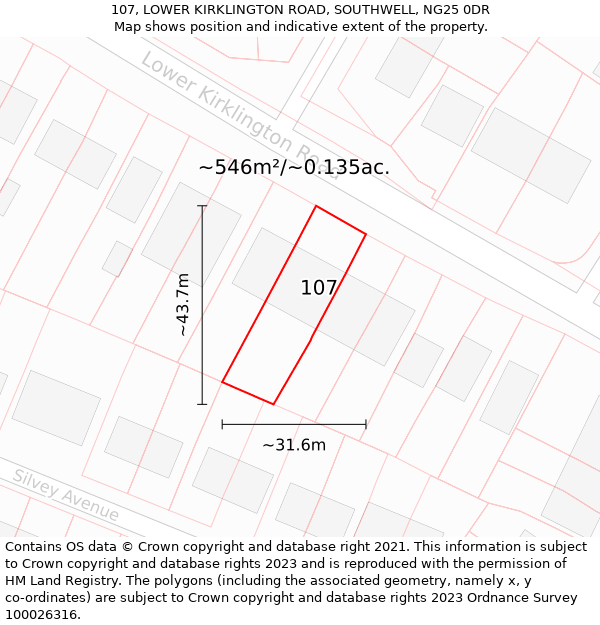 107, LOWER KIRKLINGTON ROAD, SOUTHWELL, NG25 0DR: Plot and title map