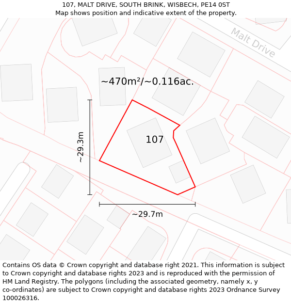 107, MALT DRIVE, SOUTH BRINK, WISBECH, PE14 0ST: Plot and title map