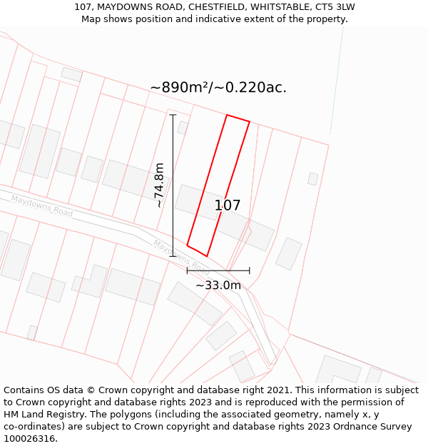 107, MAYDOWNS ROAD, CHESTFIELD, WHITSTABLE, CT5 3LW: Plot and title map