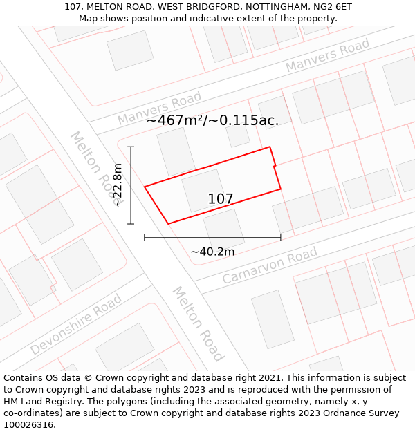 107, MELTON ROAD, WEST BRIDGFORD, NOTTINGHAM, NG2 6ET: Plot and title map