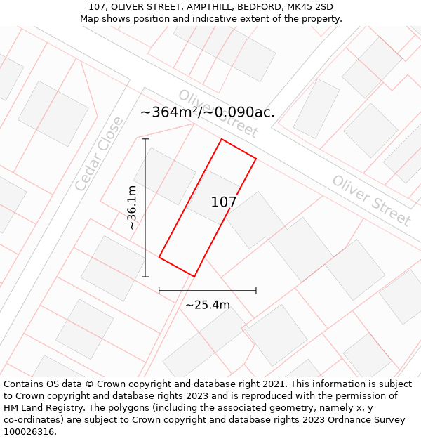 107, OLIVER STREET, AMPTHILL, BEDFORD, MK45 2SD: Plot and title map