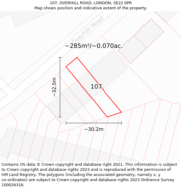 107, OVERHILL ROAD, LONDON, SE22 0PR: Plot and title map