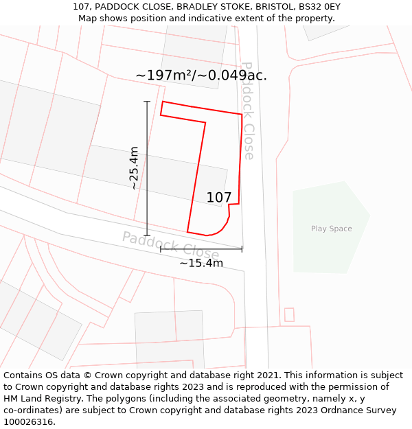 107, PADDOCK CLOSE, BRADLEY STOKE, BRISTOL, BS32 0EY: Plot and title map