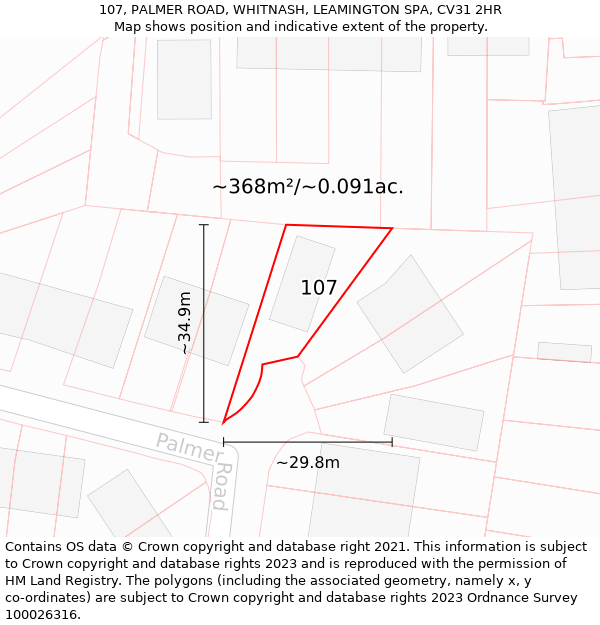 107, PALMER ROAD, WHITNASH, LEAMINGTON SPA, CV31 2HR: Plot and title map