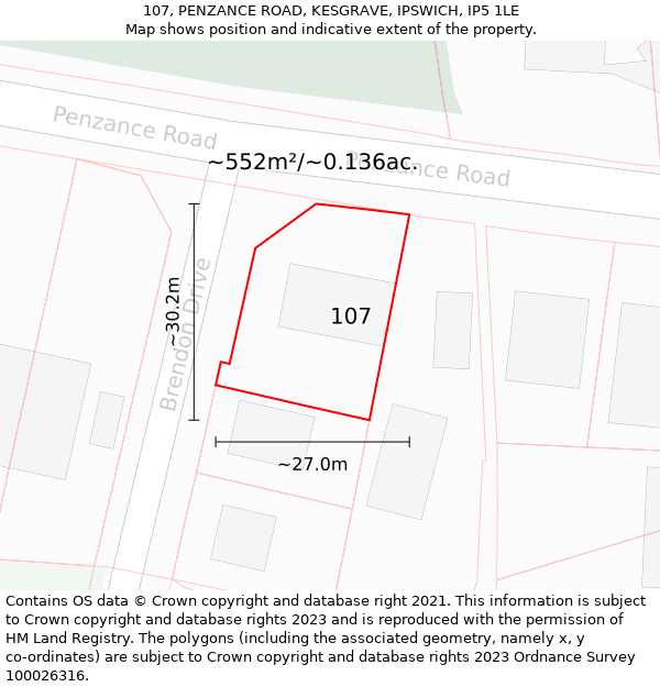107, PENZANCE ROAD, KESGRAVE, IPSWICH, IP5 1LE: Plot and title map