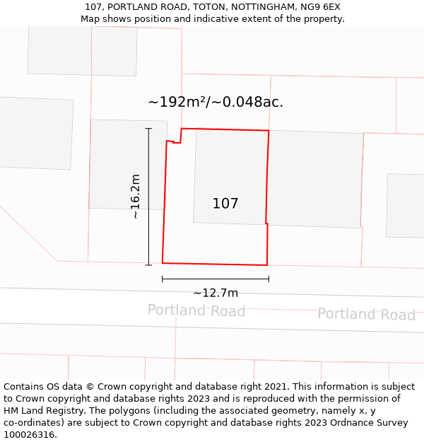 107, PORTLAND ROAD, TOTON, NOTTINGHAM, NG9 6EX: Plot and title map