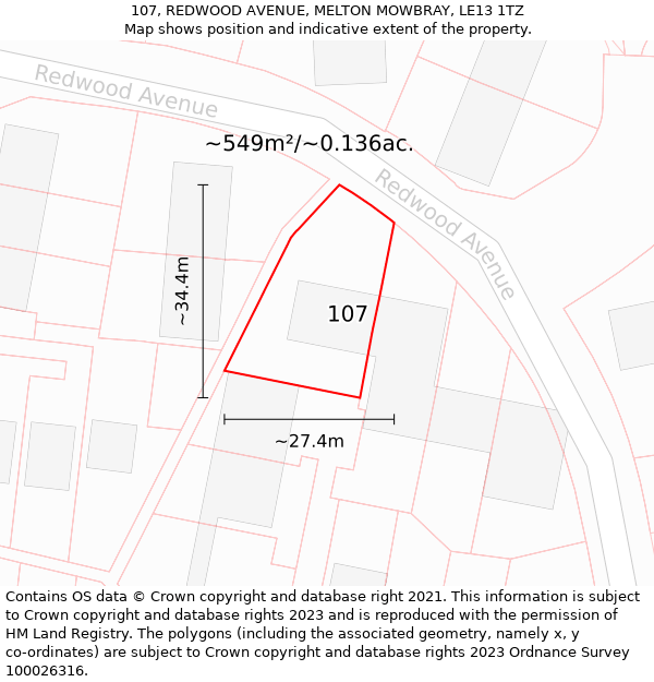 107, REDWOOD AVENUE, MELTON MOWBRAY, LE13 1TZ: Plot and title map