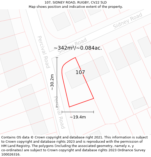 107, SIDNEY ROAD, RUGBY, CV22 5LD: Plot and title map