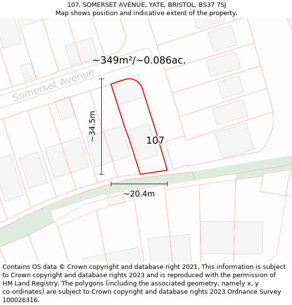 107, SOMERSET AVENUE, YATE, BRISTOL, BS37 7SJ: Plot and title map