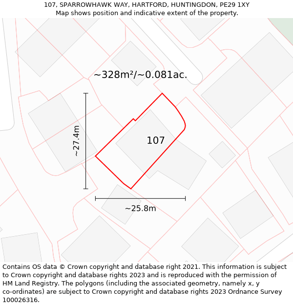 107, SPARROWHAWK WAY, HARTFORD, HUNTINGDON, PE29 1XY: Plot and title map