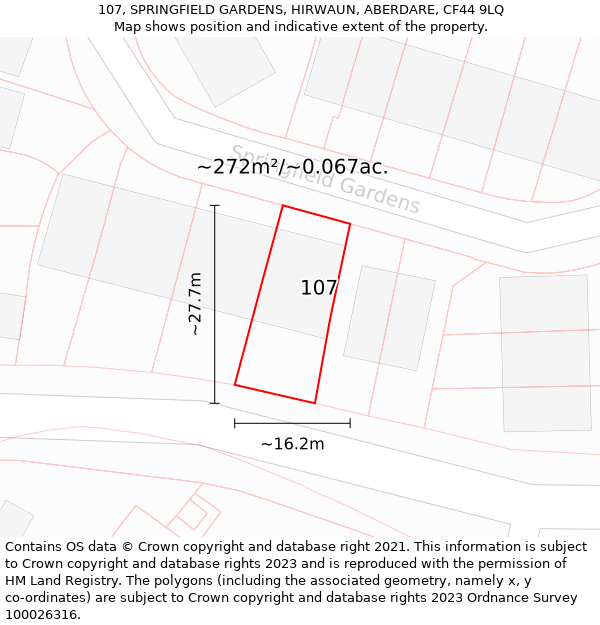 107, SPRINGFIELD GARDENS, HIRWAUN, ABERDARE, CF44 9LQ: Plot and title map