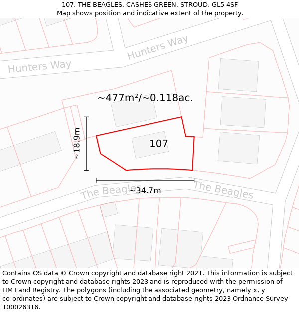 107, THE BEAGLES, CASHES GREEN, STROUD, GL5 4SF: Plot and title map