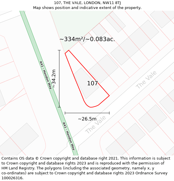 107, THE VALE, LONDON, NW11 8TJ: Plot and title map
