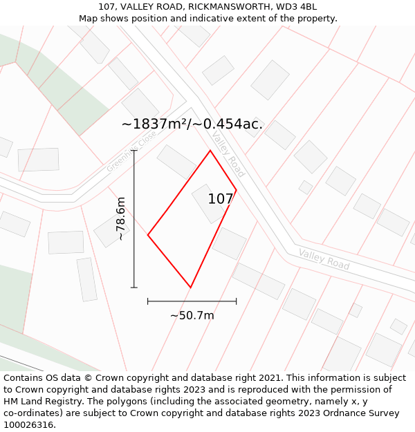 107, VALLEY ROAD, RICKMANSWORTH, WD3 4BL: Plot and title map