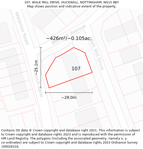 107, WALK MILL DRIVE, HUCKNALL, NOTTINGHAM, NG15 8BY: Plot and title map