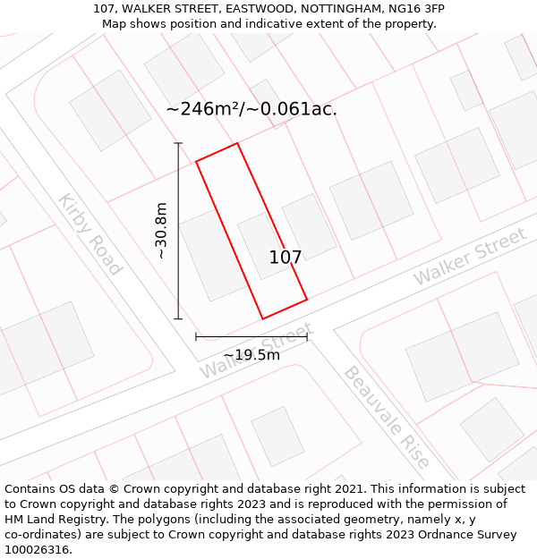 107, WALKER STREET, EASTWOOD, NOTTINGHAM, NG16 3FP: Plot and title map