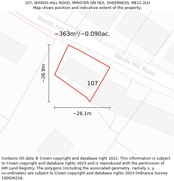 107, WARDS HILL ROAD, MINSTER ON SEA, SHEERNESS, ME12 2LH: Plot and title map