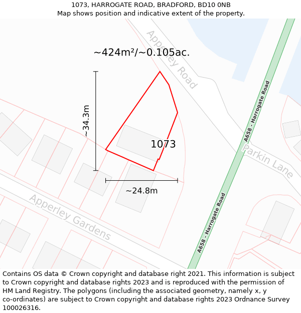 1073, HARROGATE ROAD, BRADFORD, BD10 0NB: Plot and title map