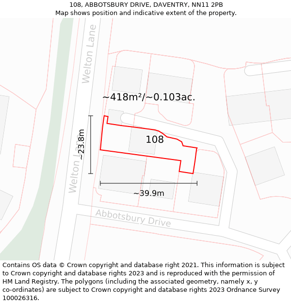 108, ABBOTSBURY DRIVE, DAVENTRY, NN11 2PB: Plot and title map