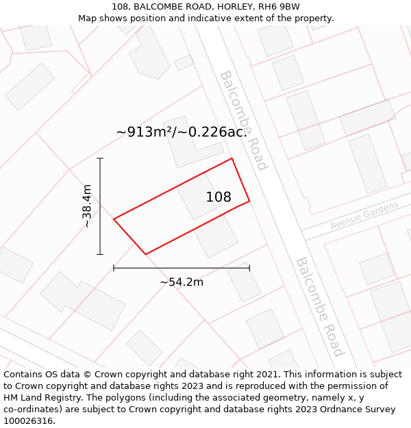 108, BALCOMBE ROAD, HORLEY, RH6 9BW: Plot and title map