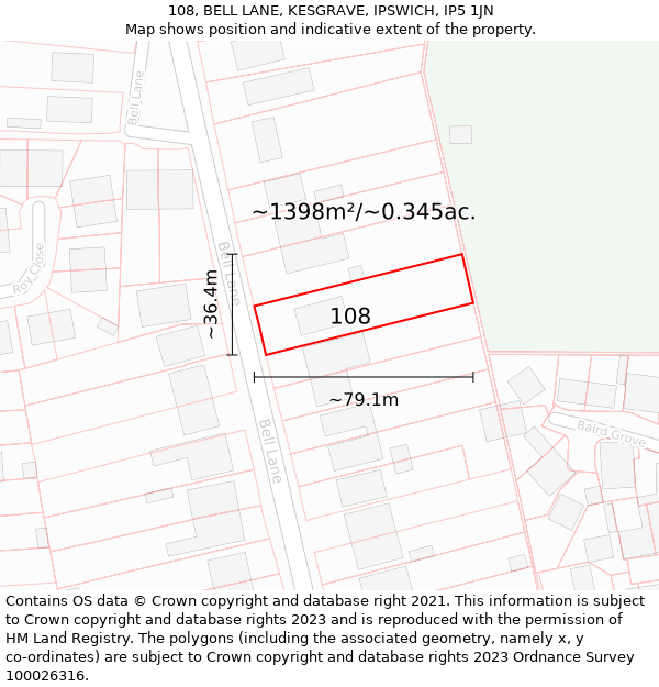 108, BELL LANE, KESGRAVE, IPSWICH, IP5 1JN: Plot and title map