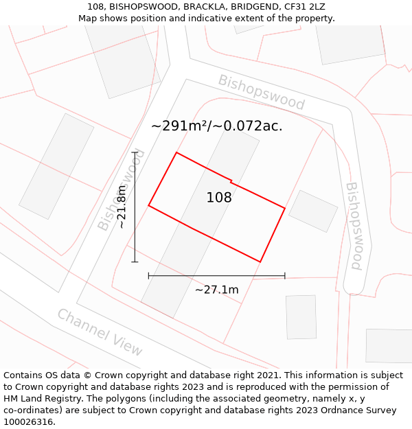 108, BISHOPSWOOD, BRACKLA, BRIDGEND, CF31 2LZ: Plot and title map