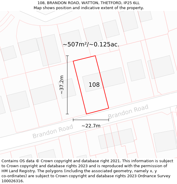 108, BRANDON ROAD, WATTON, THETFORD, IP25 6LL: Plot and title map