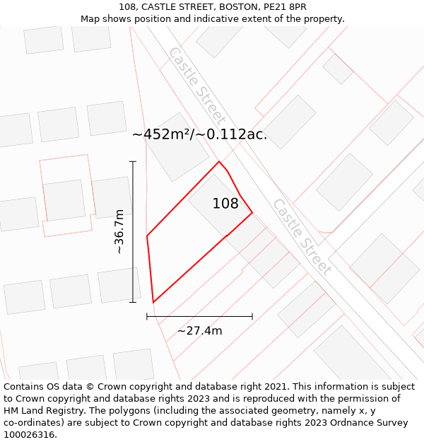 108, CASTLE STREET, BOSTON, PE21 8PR: Plot and title map