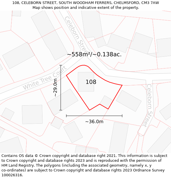 108, CELEBORN STREET, SOUTH WOODHAM FERRERS, CHELMSFORD, CM3 7AW: Plot and title map