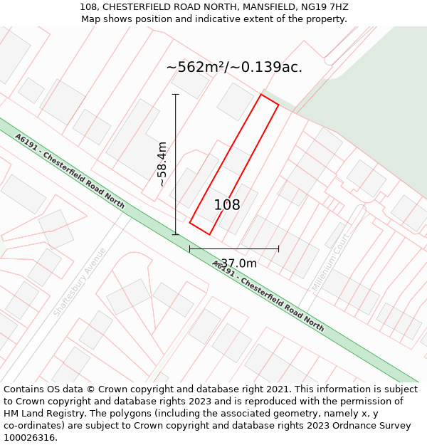 108, CHESTERFIELD ROAD NORTH, MANSFIELD, NG19 7HZ: Plot and title map