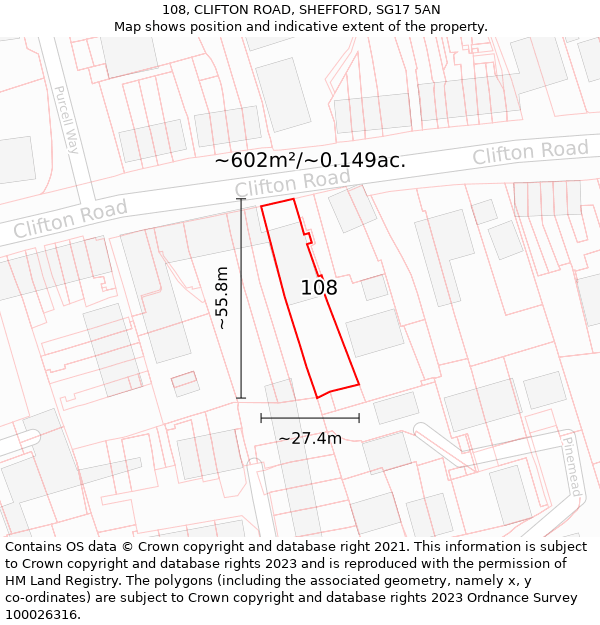 108, CLIFTON ROAD, SHEFFORD, SG17 5AN: Plot and title map