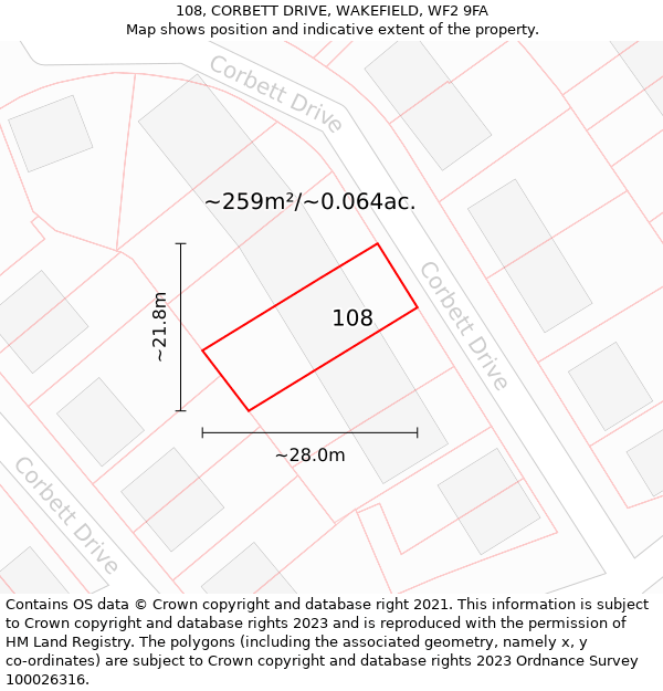 108, CORBETT DRIVE, WAKEFIELD, WF2 9FA: Plot and title map